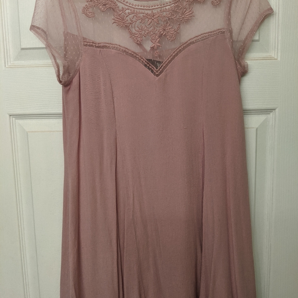 Dusty rose tunic dress with sheer neckline